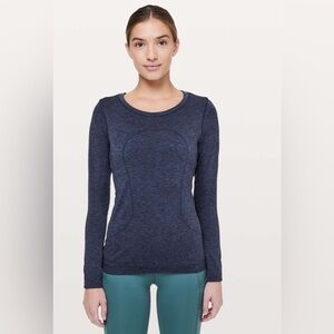 Lululemon Swiftly Tech Long Sleeve (Breeze) Relaxed Fit Gatsby Blue/Black 10/12